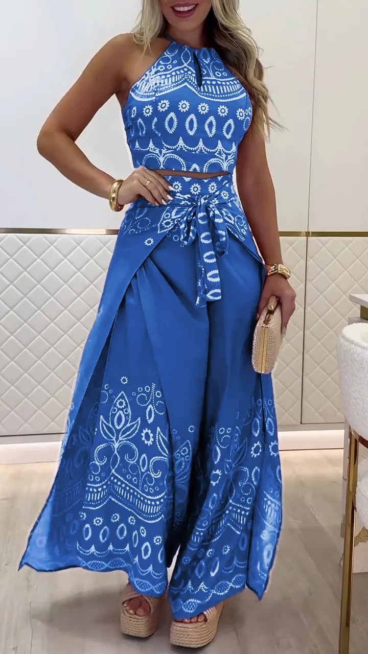 Boho Halter Top & Wide Leg Pants Two Piece Sets Blue