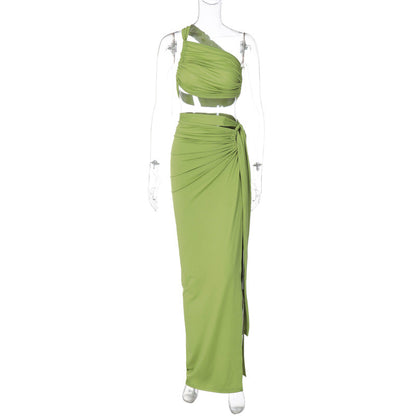 Women Clothing Autumn Sexy Backless Tube Top Top Slim Fit Slit Skirt Set S Green