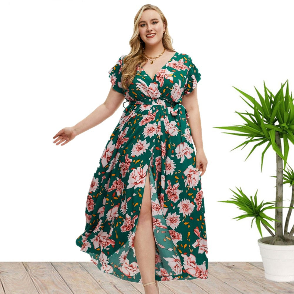 Plus Size Short Sleeve Floral Print Slit Dress Green