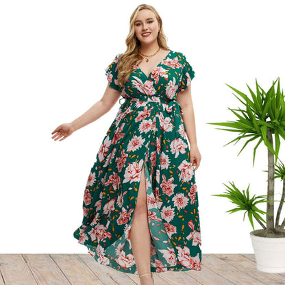 Plus Size Short Sleeve Floral Print Slit Dress Green