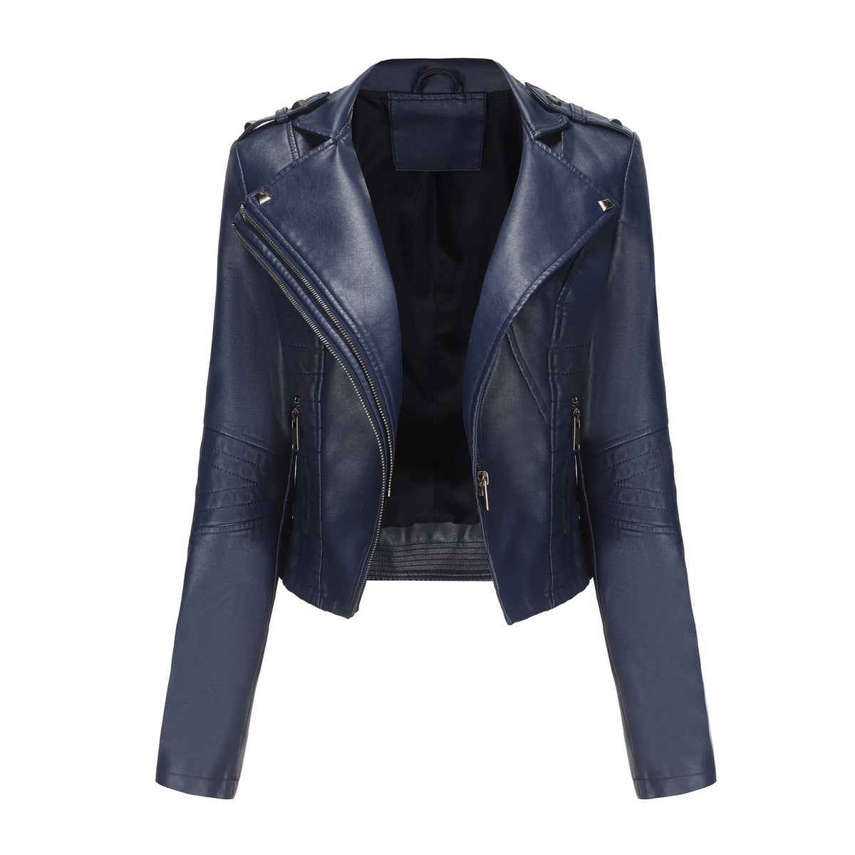 Slim Fit Long Sleeved Leather Jacket Navy Blue