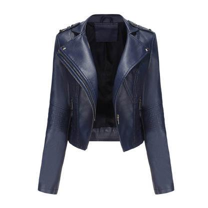 Slim Fit Long Sleeved Leather Jacket Navy Blue
