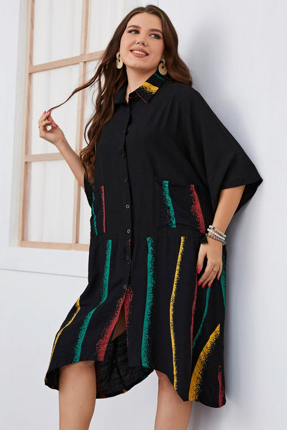 Plus Size Irregular Short Sleeves Shirt Dress Black