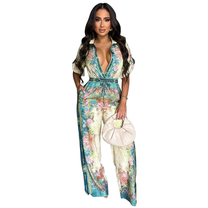 Sexy V neck Vintage Printed Jumpsuit Women Light Blue