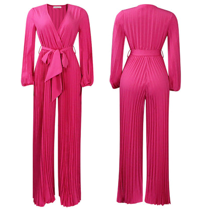 Summer V neck Pleated Wide Leg Jumpsuit Coral Red