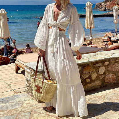 Bohemian Puff Sleeve Cardigan Skirt Set White