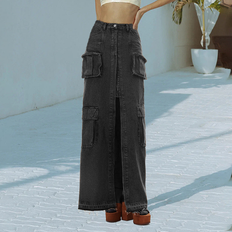 Anita Sexy Long Front Slit Denim Skirt Black