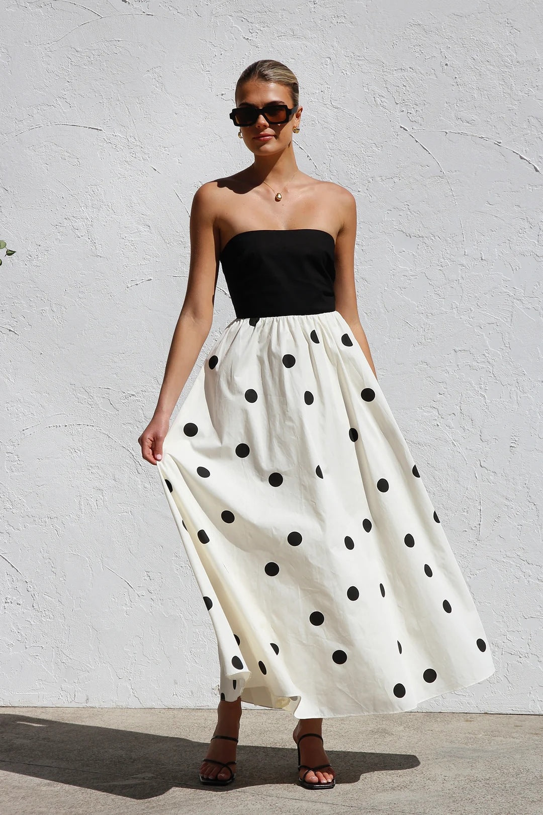 Spring Summer Polka Dot Printing Stitching Wrapped Chest A Swing Maxi Dress Multi