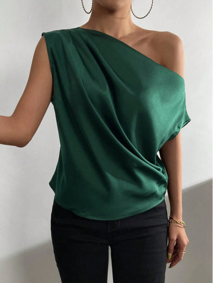 One Shoulder Sleeveless Top blackish green
