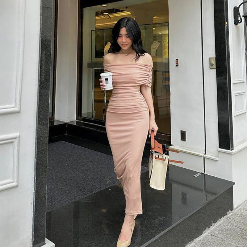 Spring Off Shoulder Pleated Dress Slim Fit Slimming Slit Bottoming Formal Dress Pink