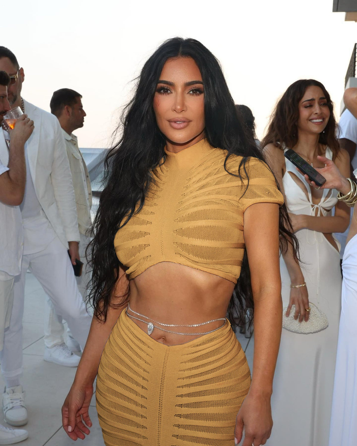 Women Clothing Sexy Knitted See Through Nightclub Suit Low Waist Hip Skirt Set Camel Yellow