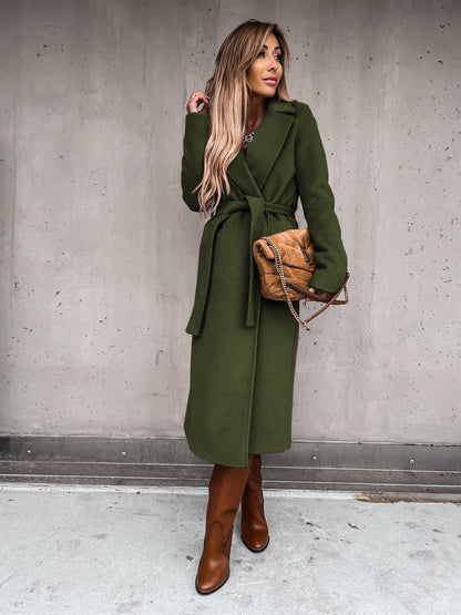 Solid Color Woolen Long Sleeve Trench Coat Army Green