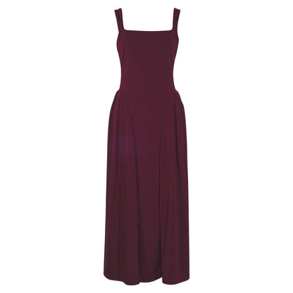 Square Collar Formal Ankle Length Dress Wine Red