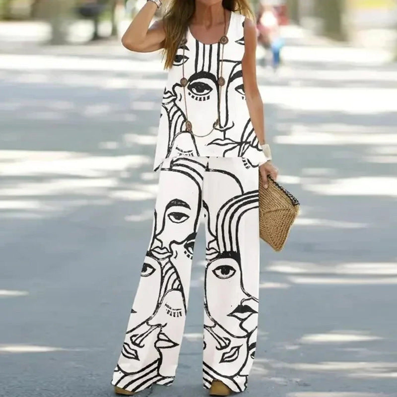 Printed Sleeveless Top and Bottom Set Black and White Face