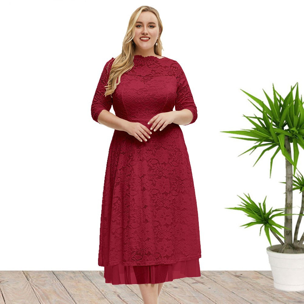 Elegant Semi Formal Midi Lace Dress Red