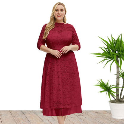 Elegant Semi Formal Midi Lace Dress Red