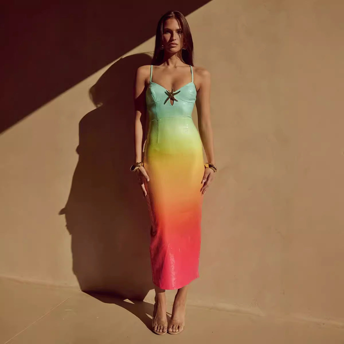Multi Color Sequined Maxi Green and Red Gradient