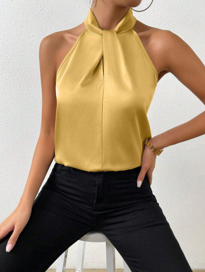 Satin Halter Sleeveless Vest Top yellow