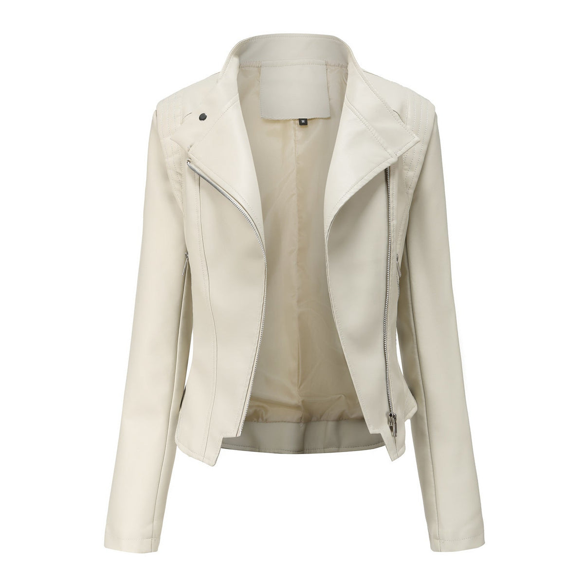 Faux Leather Collared Slim-Fit Jacket White