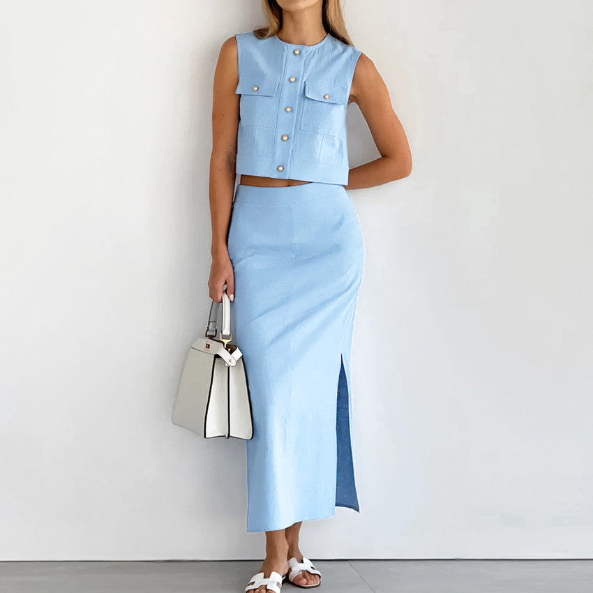 Summer Round Neck Sexy Sleeveless Vest Mid Waist Split Skirt Two Piece Solid Color Cotton Linen Women Clothing Blue
