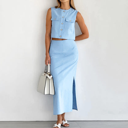 Summer Round Neck Sexy Sleeveless Vest Mid Waist Split Skirt Two Piece Solid Color Cotton Linen Women Clothing Blue