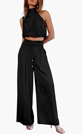 Sleeveless Collar Two Piece Sets Black