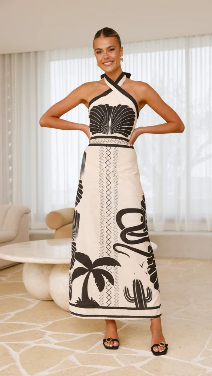 Summer Shell Printing Vacation Halter Waist Tight A line Dress Multi