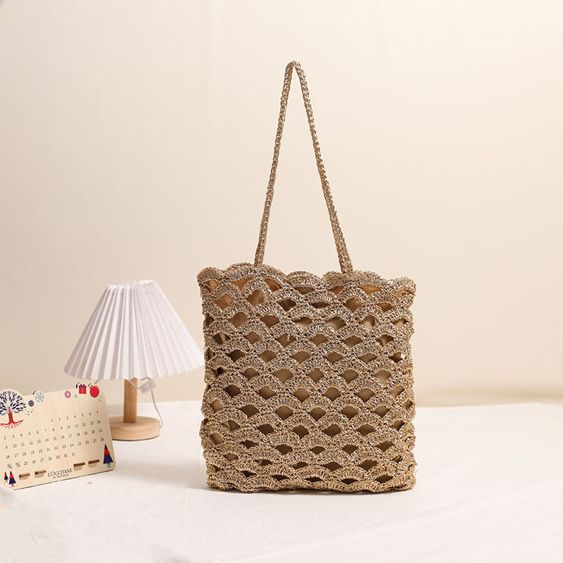 Handmade Crochet Cotton Woven Bag One Size Gold Fan Surface