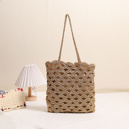Handmade Crochet Cotton Woven Bag One Size Gold Fan Surface