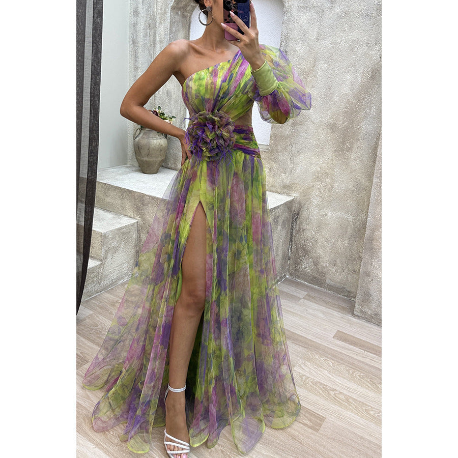 One Shoulder Chiffon Printed Gown Green
