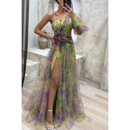 One Shoulder Chiffon Printed Gown Green