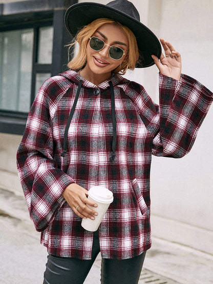 Checked Plaid Hooded Shirt Jacket Burgundy