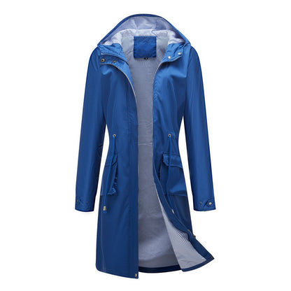 Waterproof Hooded Long Coat Navy Blue