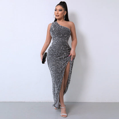 Mandy One Shoulder Sleeveless Split Gown Dark Grey