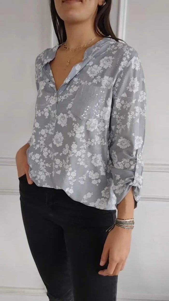 Spring Loose Casual Long Sleeves Printed Sequined Pocket Shirt Gray