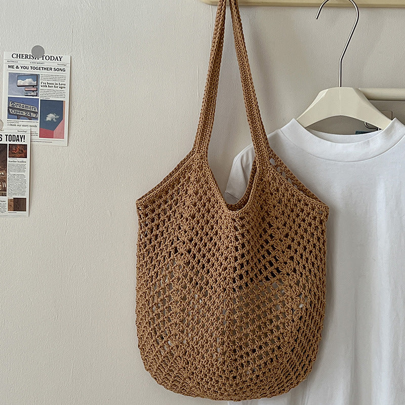 Casual Eco-Friendly Cotton Woven Bag One Size Hollow Carambola with Inner Bag Coffee
