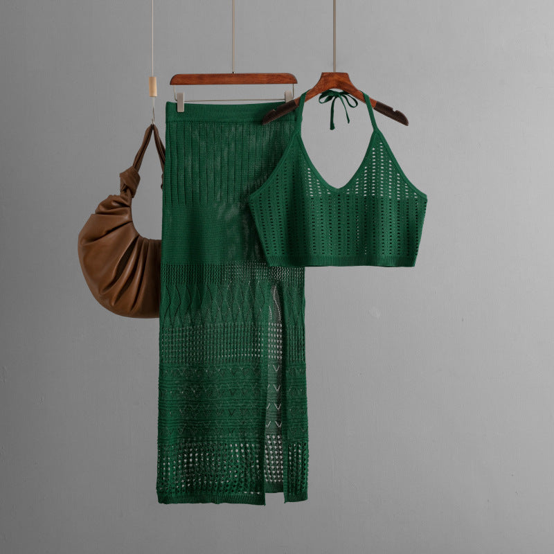 Women Clothes Short Summer Vest Top Two Piece High Waist Slimming Hollow Out Cutout Split Hip Skirt One Size Green
