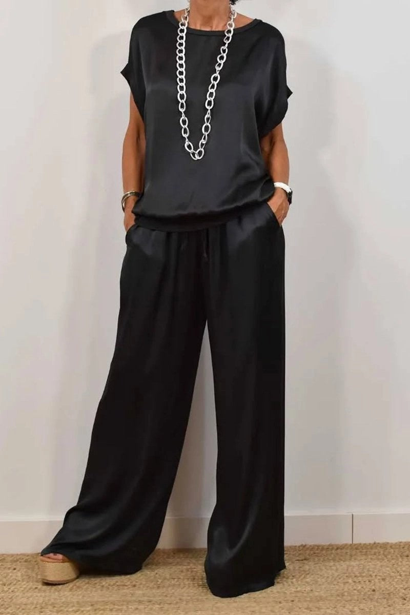 Trendy Loose Shirt & Wide Leg Pants Sets Black