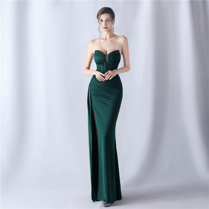 Sexy Strapless Solid Formal Gown blackish green