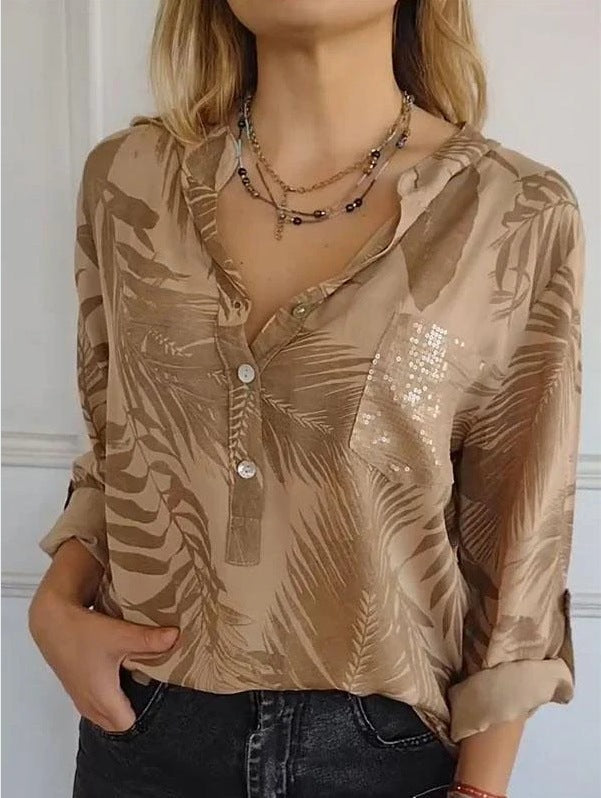 Versatile Design V neck Printed Top Brown