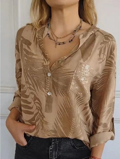 Versatile Design V neck Printed Top Brown