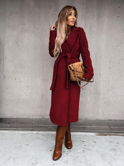Solid Color Woolen Long Sleeve Trench Coat Burgundy