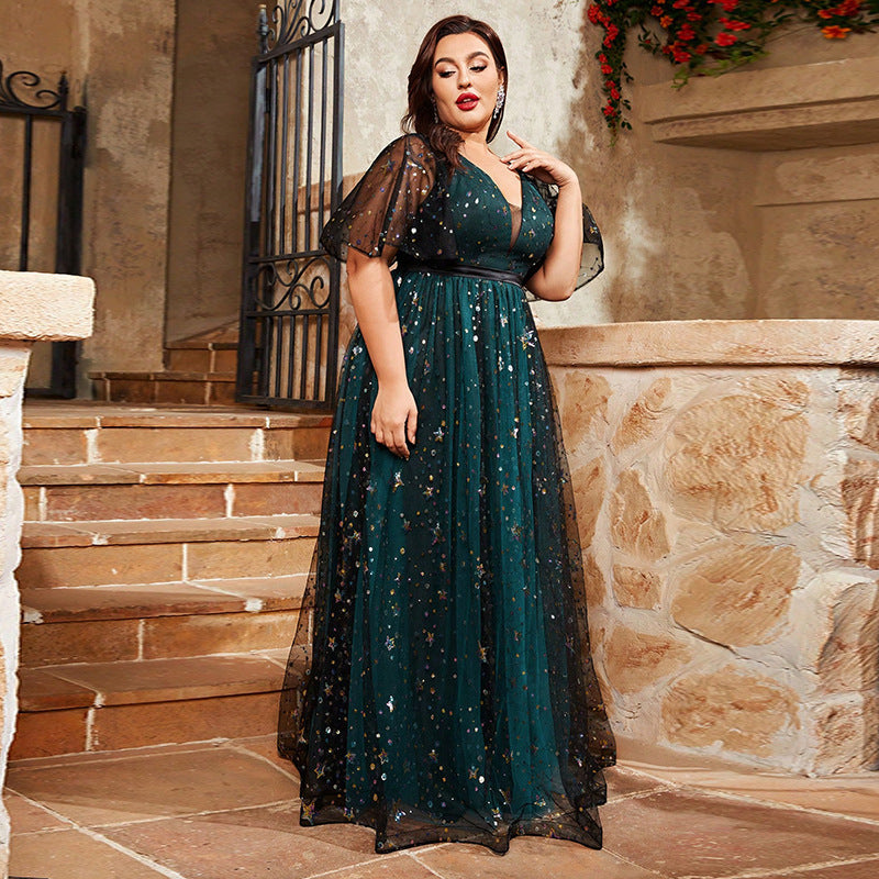 Plus Size Evening Dress Shiny Crystal Puff Sleeve V Neck Evening Dress