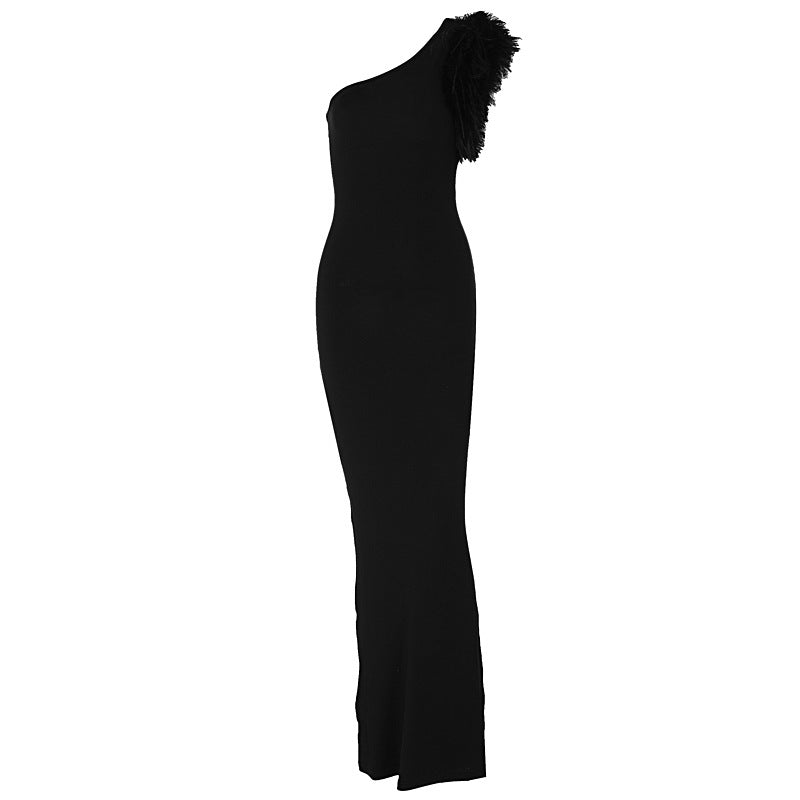 One Shoulder Feather Gown