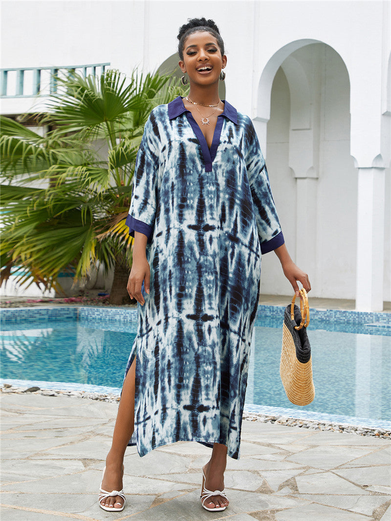 Printed V Neck Kaftan One Size Blue