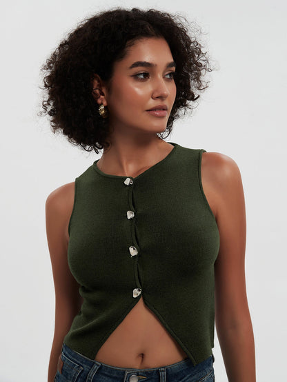Knitted Cropped Vest Top Army Green