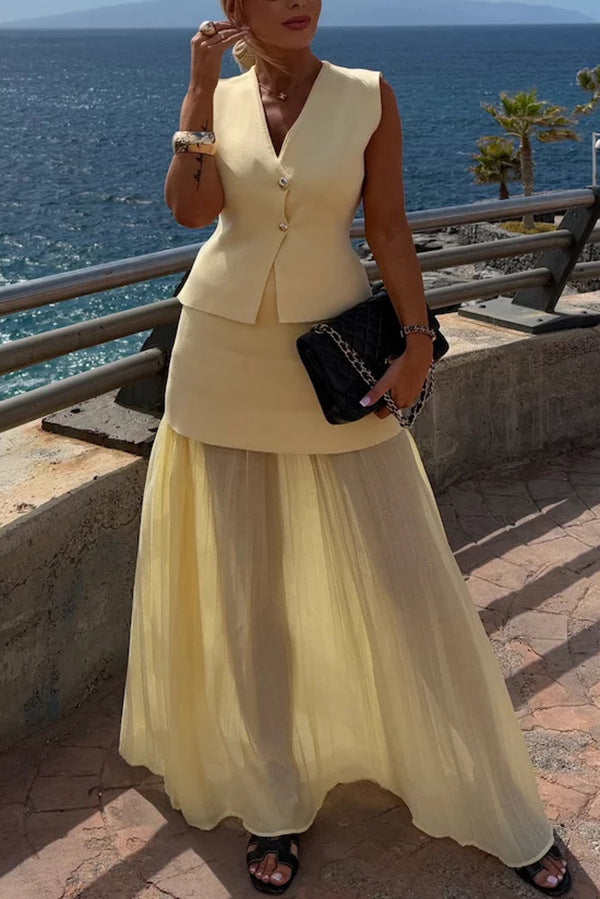 Spring Summer Knitted Stitching Vest Set Casual Vacation Loose Skirt Women Beige Set