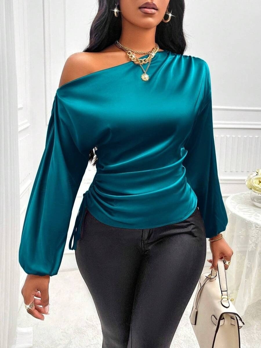 One Shoulder Long Sleeves Top Blue