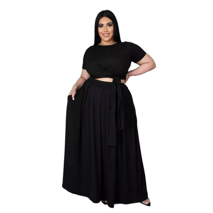 Curvy Solid Color Two-Piece Set Black