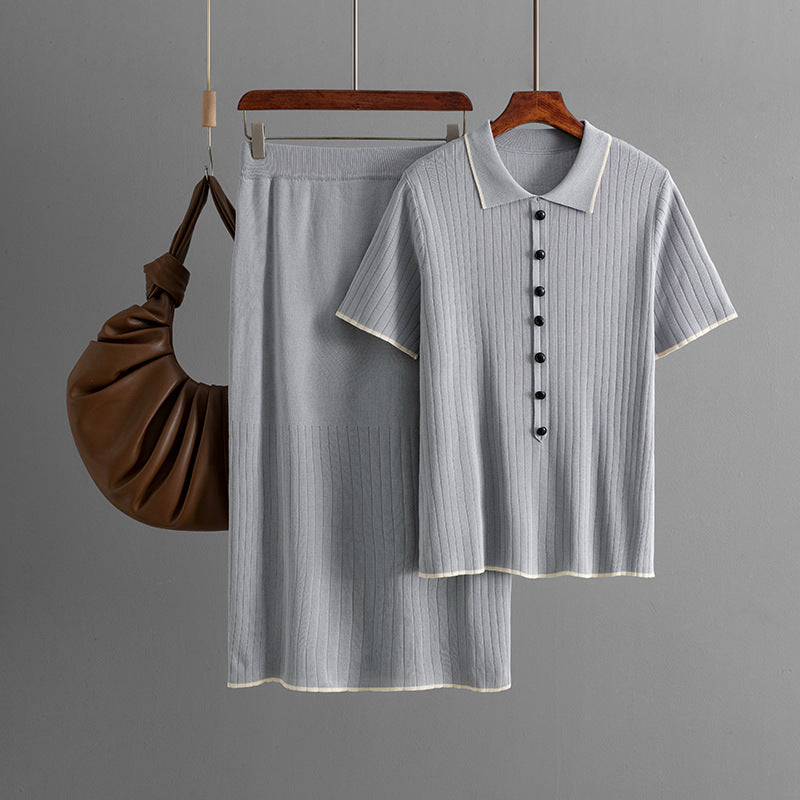 Elegant Knitted Skirt Set with Polo Collar One Size Gray